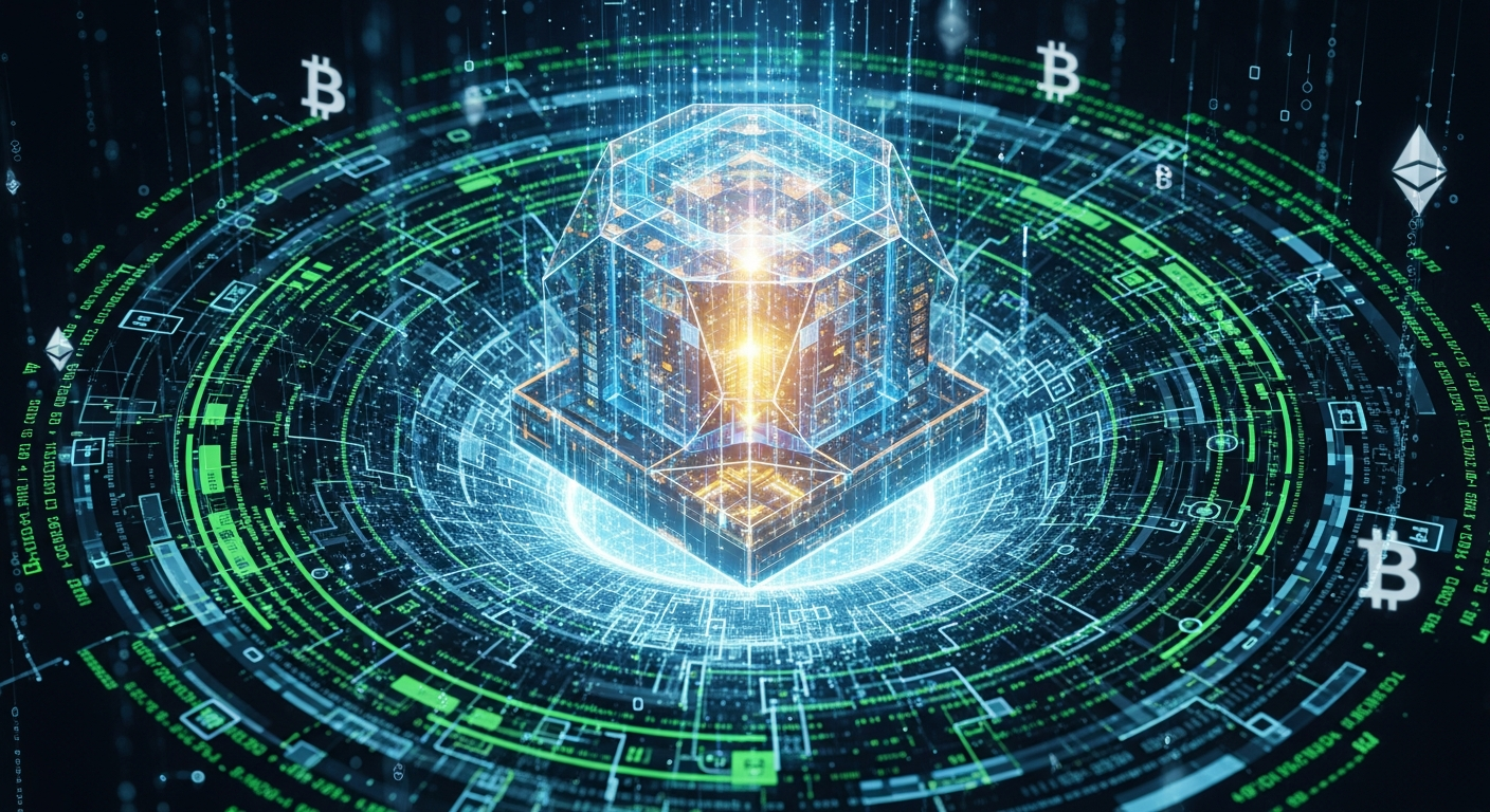 Abstrato e estilizado bloco digital brilhante ou forma geométrica complexa representando Bitcoin.