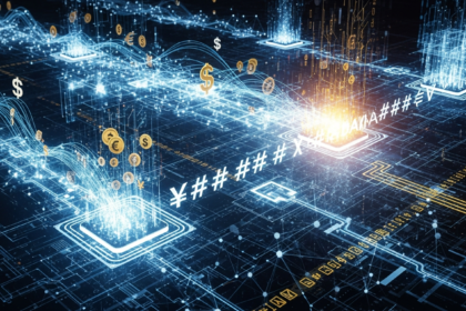 Arte conceitual abstrata: integração de finanças tradicionais com tecnologia blockchain e fluxos de dados digitais.