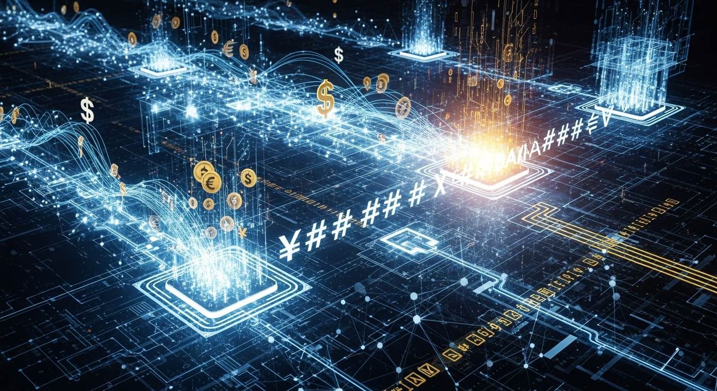 Arte conceitual abstrata: integração de finanças tradicionais com tecnologia blockchain e fluxos de dados digitais.