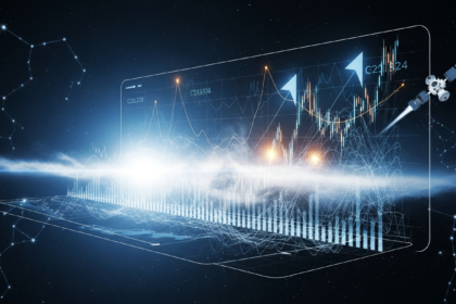 Interface digital abstrata com gráficos ascendentes, representando tecnologia espacial e crescimento finance