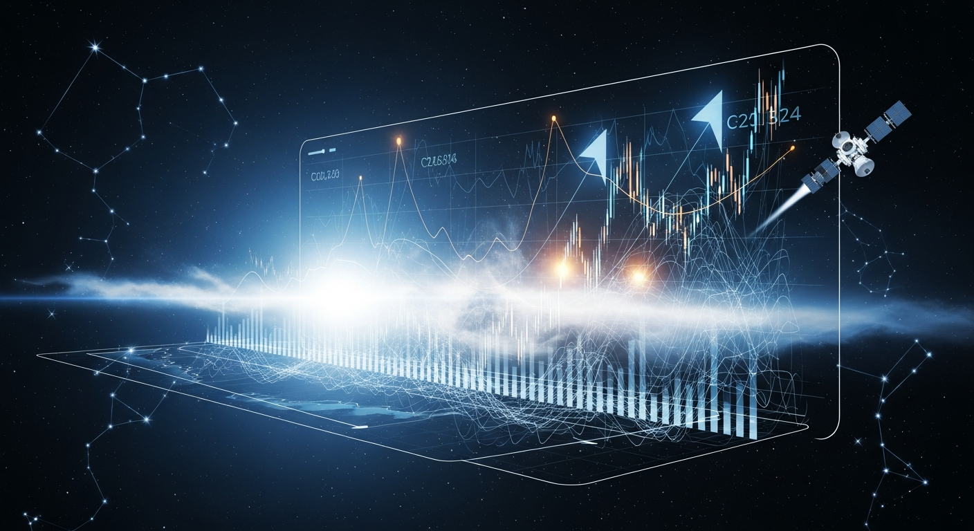 Interface digital abstrata com gráficos ascendentes, representando tecnologia espacial e crescimento finance
