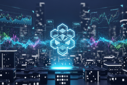 Arte digital moderna: ecossistema financeiro futurista com ícone brilhante de stablecoin geométrico.