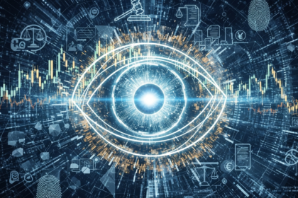 Imagem abstrata: íris futurista brilhante, cruzamento de dados biométricos, finanças e regulamentação.