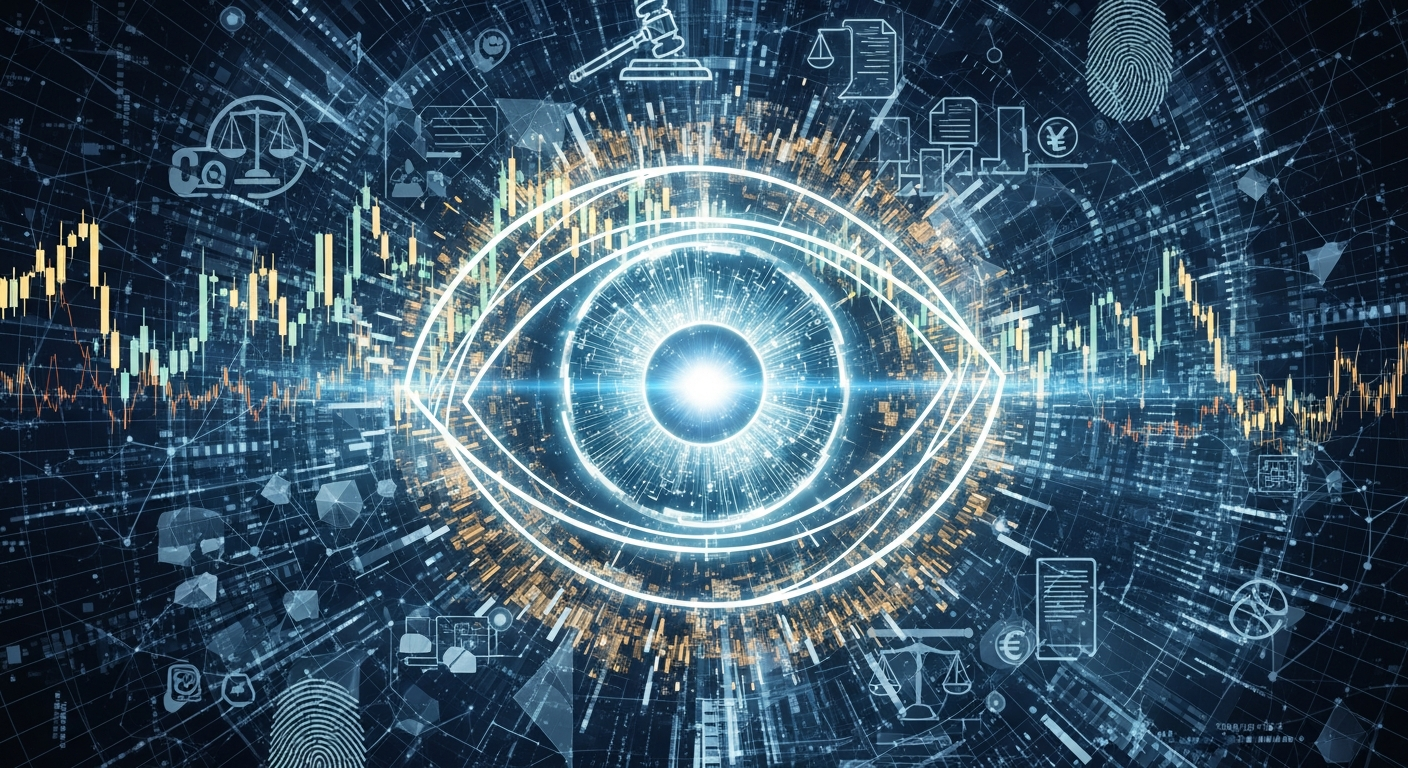 Imagem abstrata: íris futurista brilhante, cruzamento de dados biométricos, finanças e regulamentação.