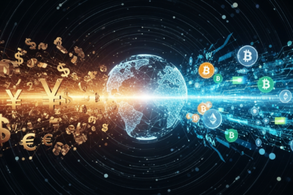 Arte digital abstrata: rede global luminosa de wireframe representando finanças e ativos digitais.