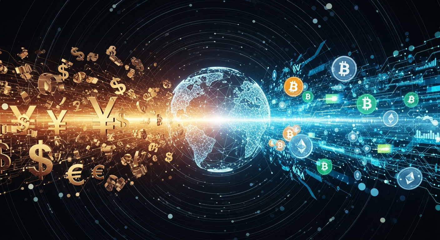 Arte digital abstrata: rede global luminosa de wireframe representando finanças e ativos digitais.