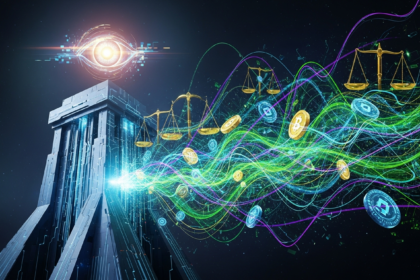Arte digital abstrata: estrutura monolítica simbolizando justiça e regulação no mercado cripto.