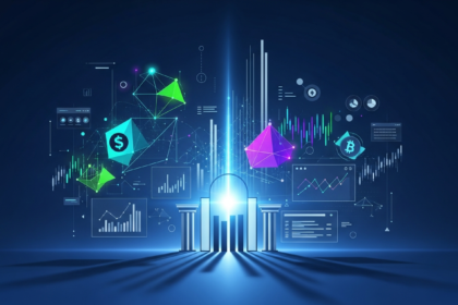 Ilustração abstrata moderna de ativos digitais integrando-se às finanças tradicionais, com luz vibrante.