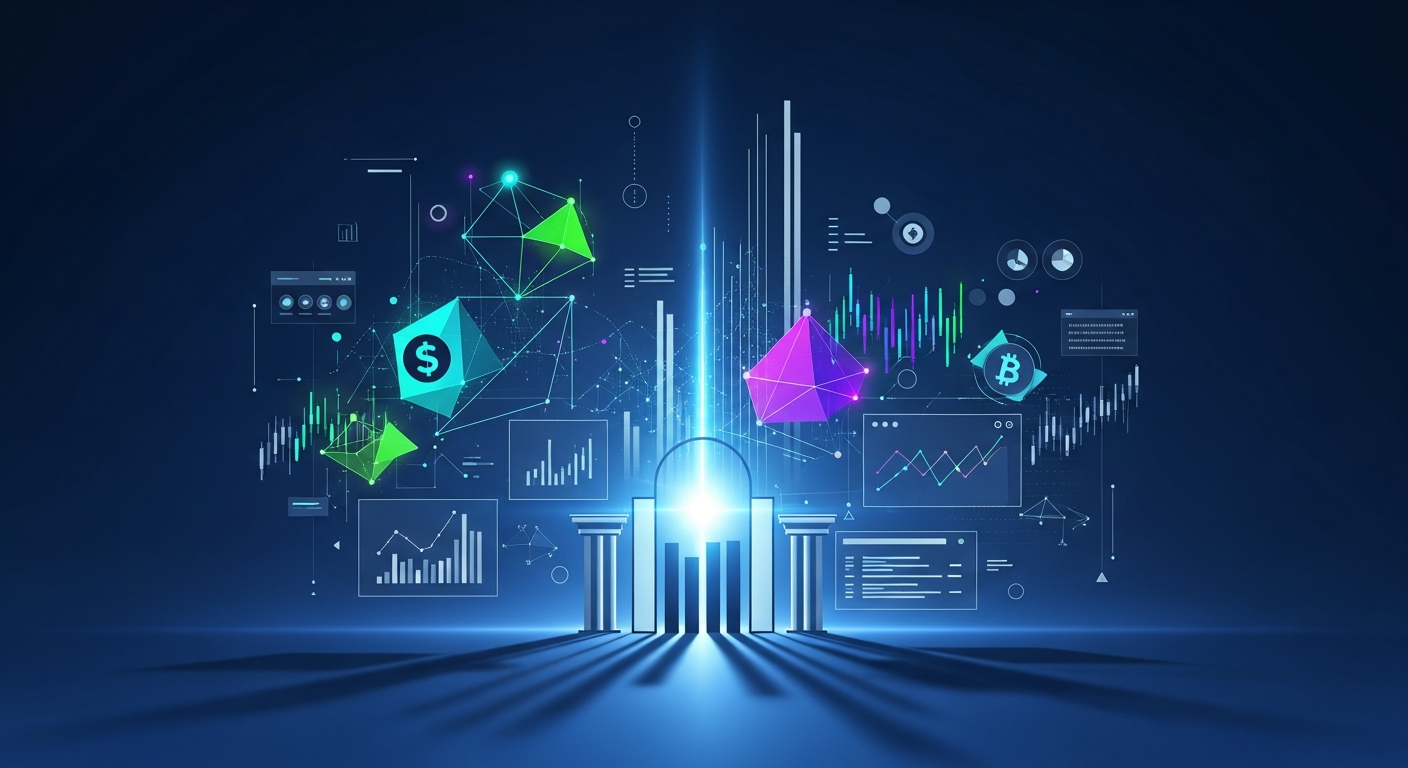 Ilustração abstrata moderna de ativos digitais integrando-se às finanças tradicionais, com luz vibrante.