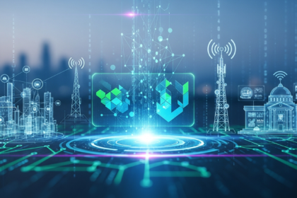 Integração futurista de blockchain com serviços públicos e infraestrutura de telecomunicações.