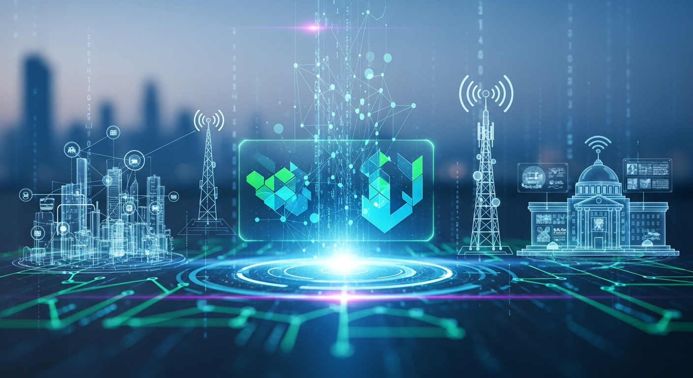 Integração futurista de blockchain com serviços públicos e infraestrutura de telecomunicações.