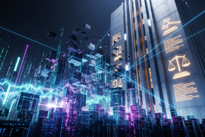 Blocos digitais fragmentados e fluxos de dados representando volatilidade cripto e regulação legal.