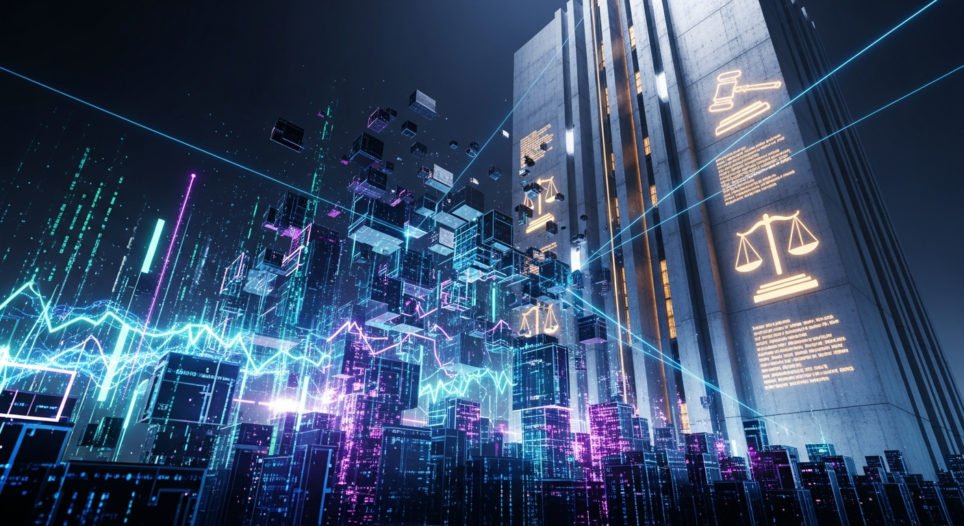 Blocos digitais fragmentados e fluxos de dados representando volatilidade cripto e regulação legal.