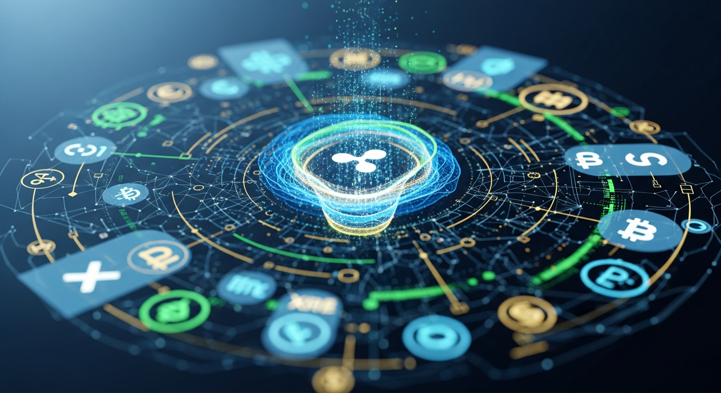 Arte digital abstrata moderna de um cenário financeiro futurista com um vórtice XRP brilhante.