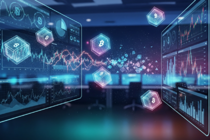 Sala de controle financeira moderna com displays holográficos exibindo dados complexos e ativos digitais.