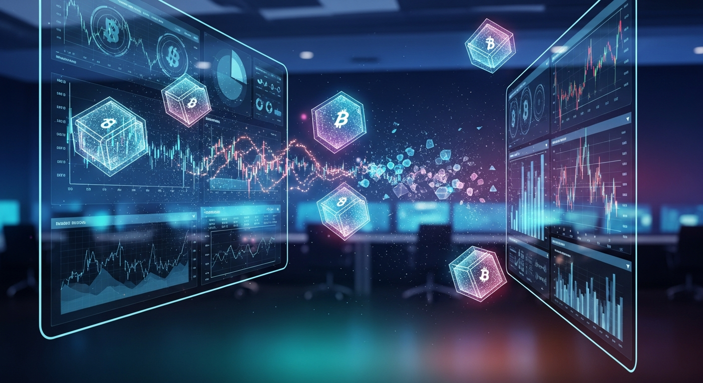 Sala de controle financeira moderna com displays holográficos exibindo dados complexos e ativos digitais.