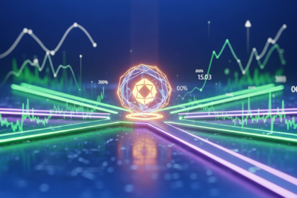 Esfera digital abstrata brilhante em encruzilhada de caminhos luminosos, com tendências de mercado.