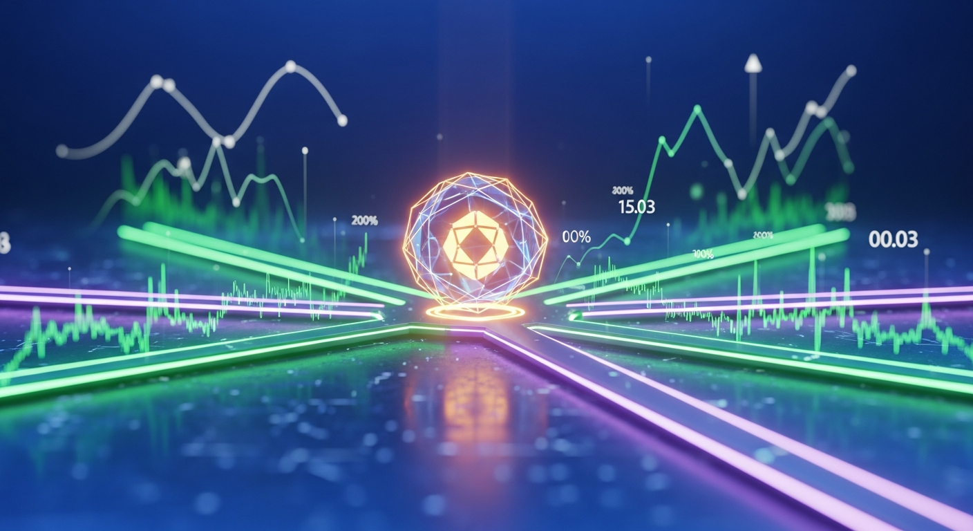 Esfera digital abstrata brilhante em encruzilhada de caminhos luminosos, com tendências de mercado.