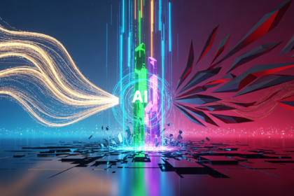 Paisagem digital abstrata e dinâmica com estrutura cristalina futurista, brilhando em tons de esmeralda e violeta.