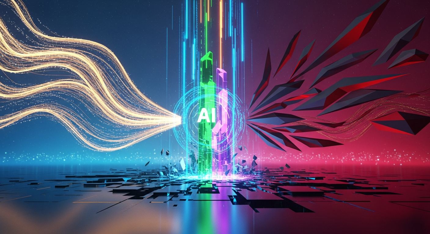 Paisagem digital abstrata e dinâmica com estrutura cristalina futurista, brilhando em tons de esmeralda e violeta.