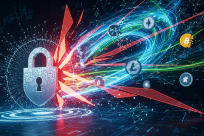 Arte digital moderna: batalha contra lavagem de dinheiro cripto e golpes, com dados fluindo.