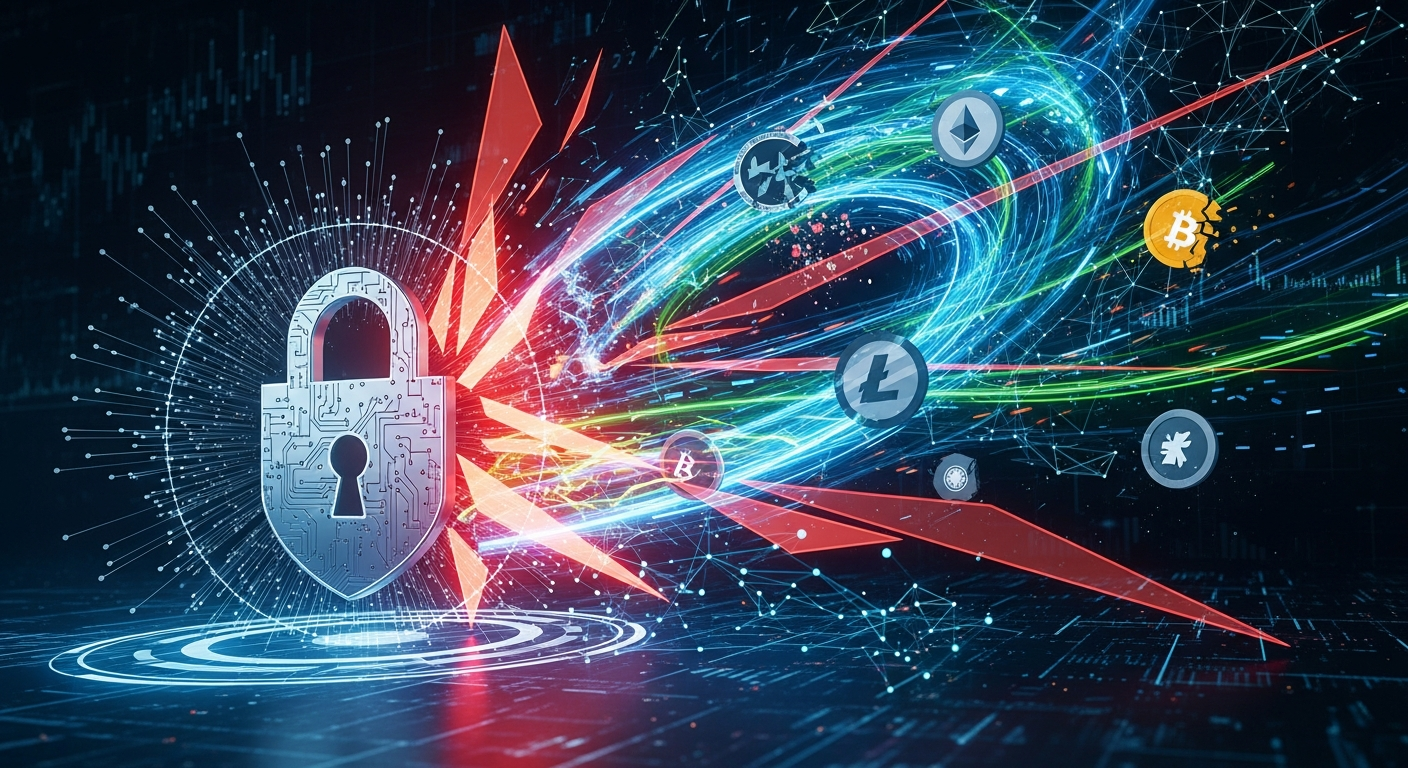 Arte digital moderna: batalha contra lavagem de dinheiro cripto e golpes, com dados fluindo.