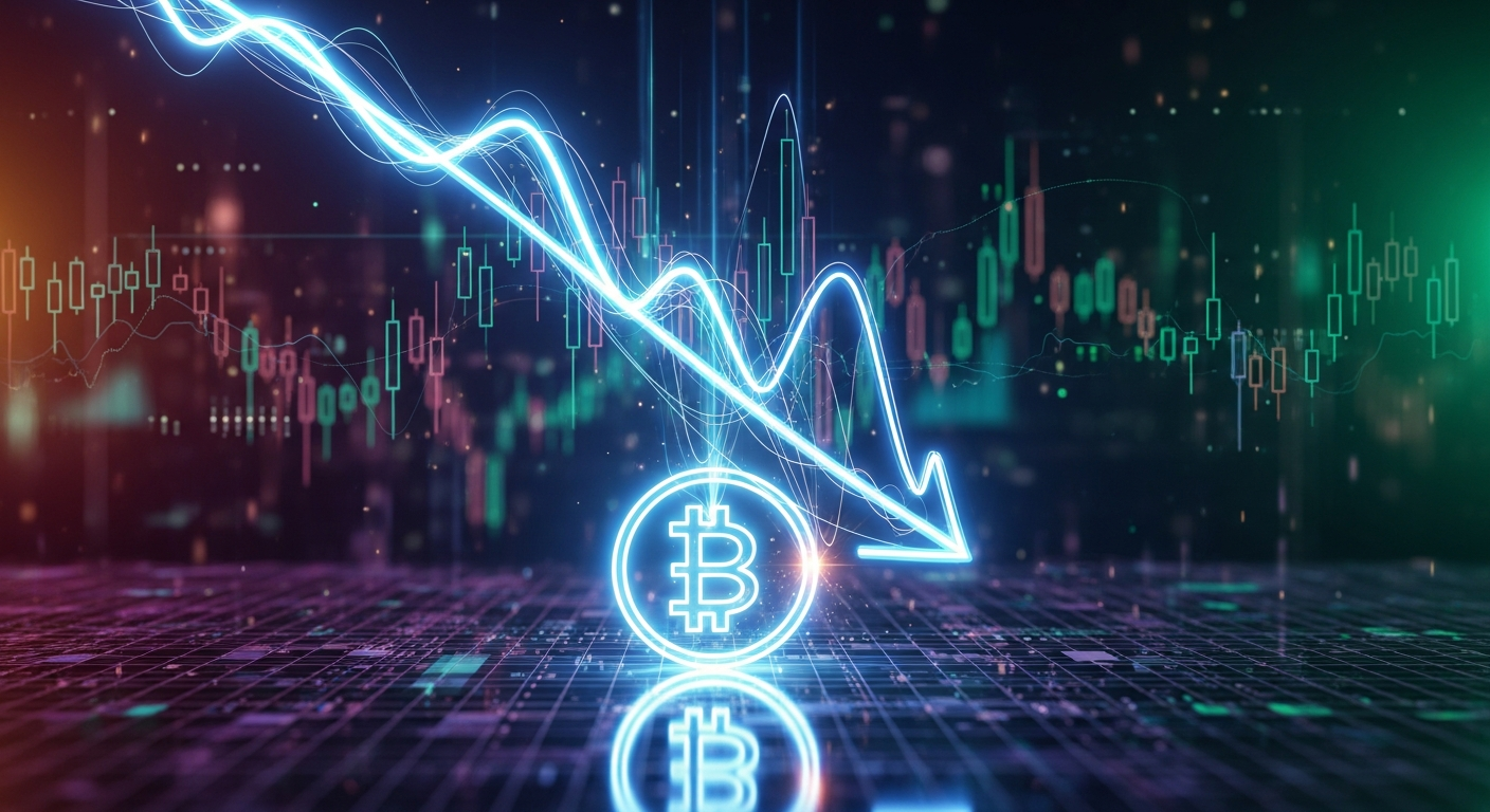 Símbolo de moeda digital em queda, sob onda azul descendente, em cenário financeiro abstrato.