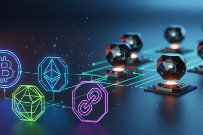 Símbolos abstratos de moeda digital interconectados e nós de dados seguros com brilhos vibrantes.