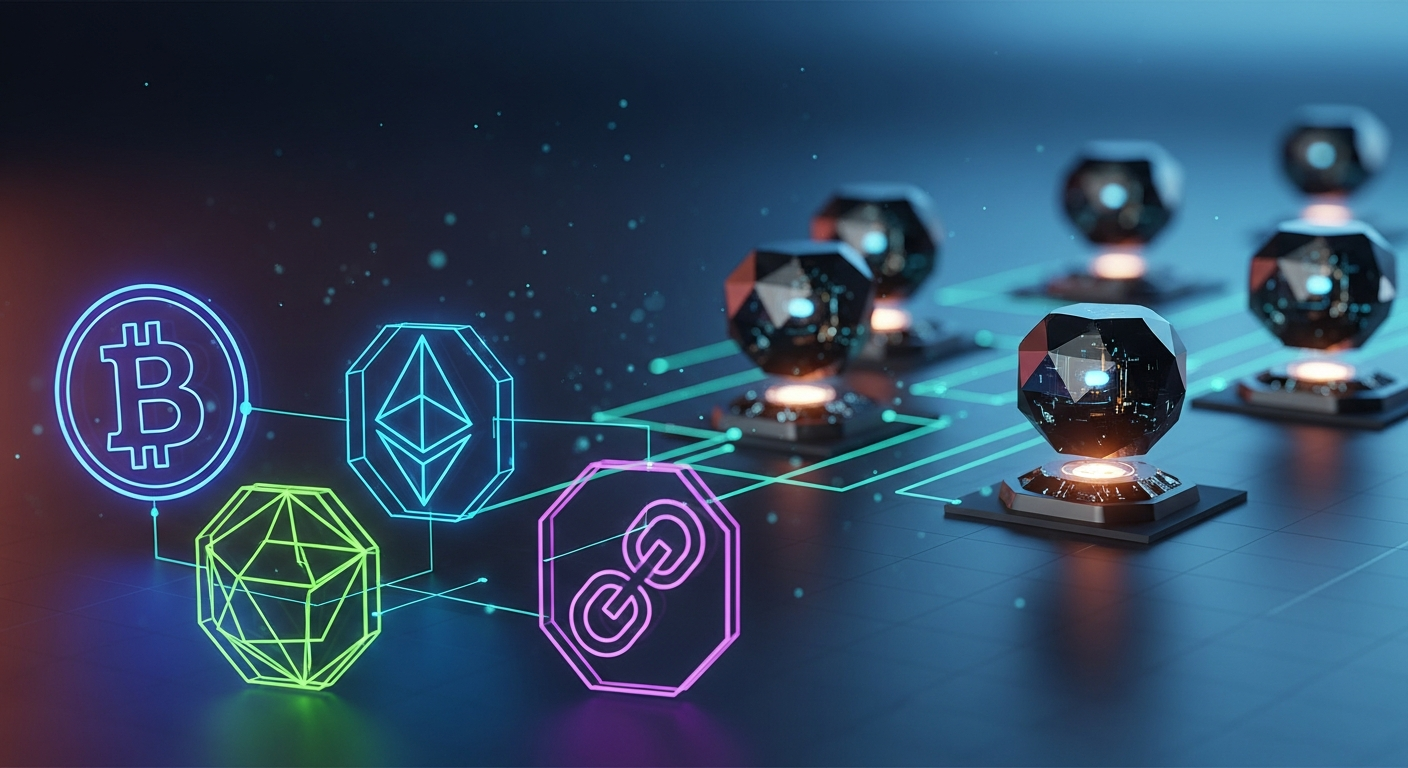 Símbolos abstratos de moeda digital interconectados e nós de dados seguros com brilhos vibrantes.