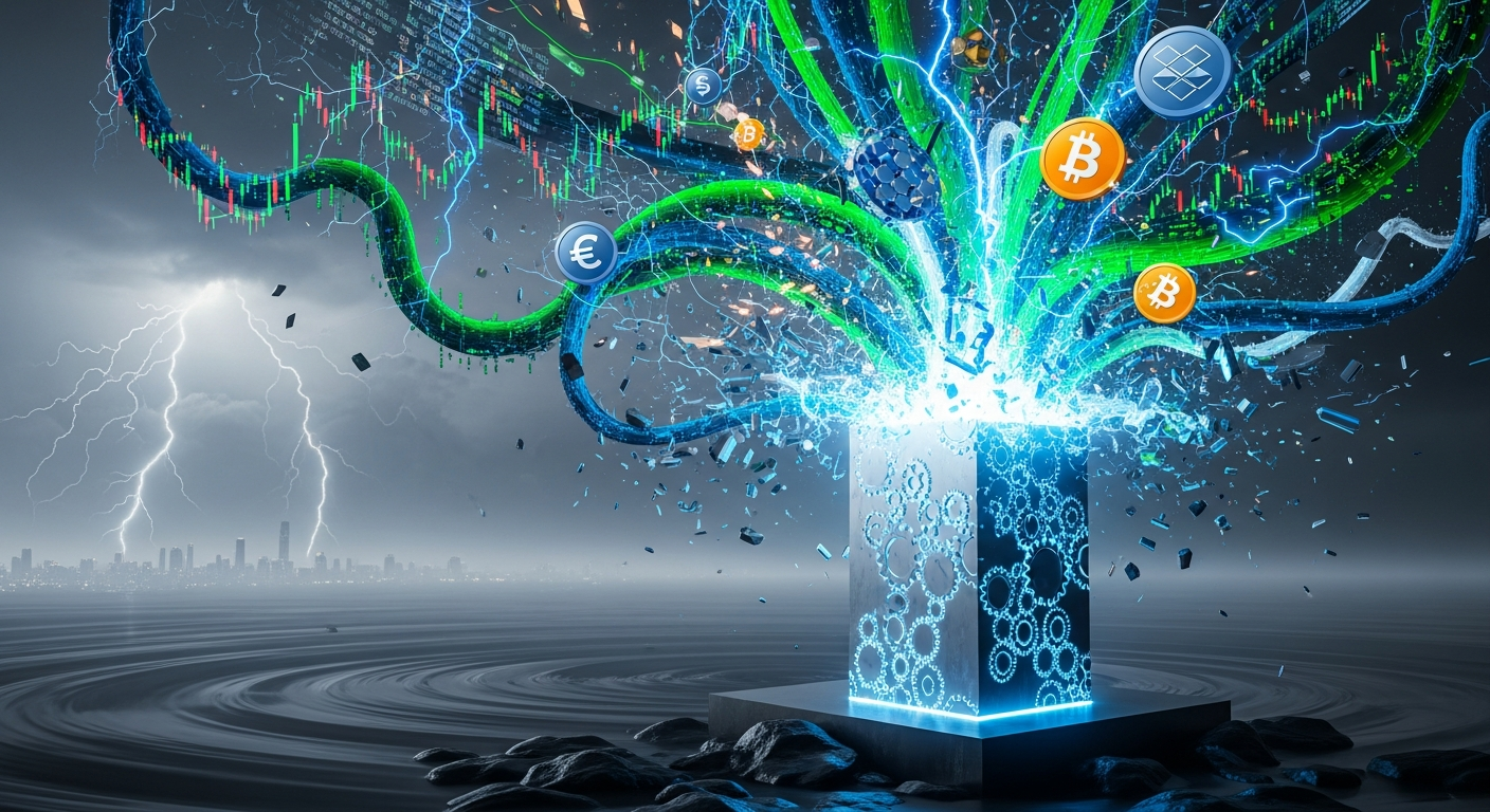 Monolito elegante, minimalista e brilhante em um cenário abstrato dinâmico, representando uma interseção volátil.