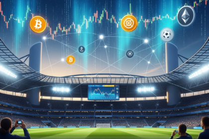 Estádio de futebol moderno ao anoitecer, iluminado por holofotes, representando finanças digitais e esportes.