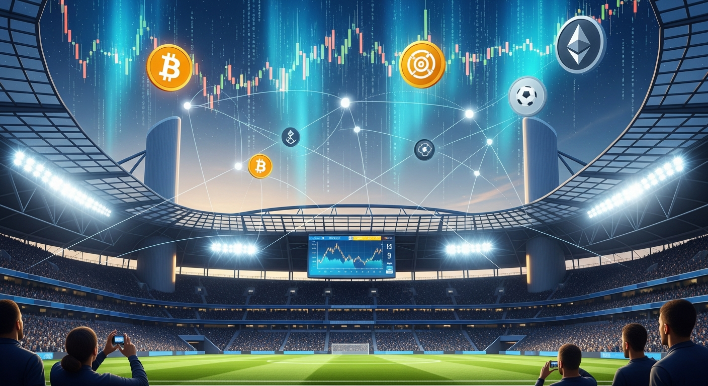 Estádio de futebol moderno ao anoitecer, iluminado por holofotes, representando finanças digitais e esportes.