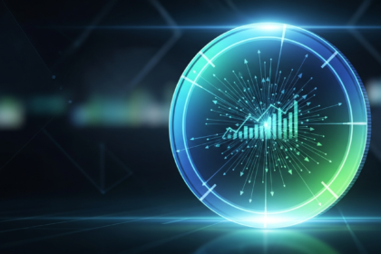 Arte digital moderna: moeda digital abstrata e brilhante, como criptomoeda, com linhas e setas dinâmicas.