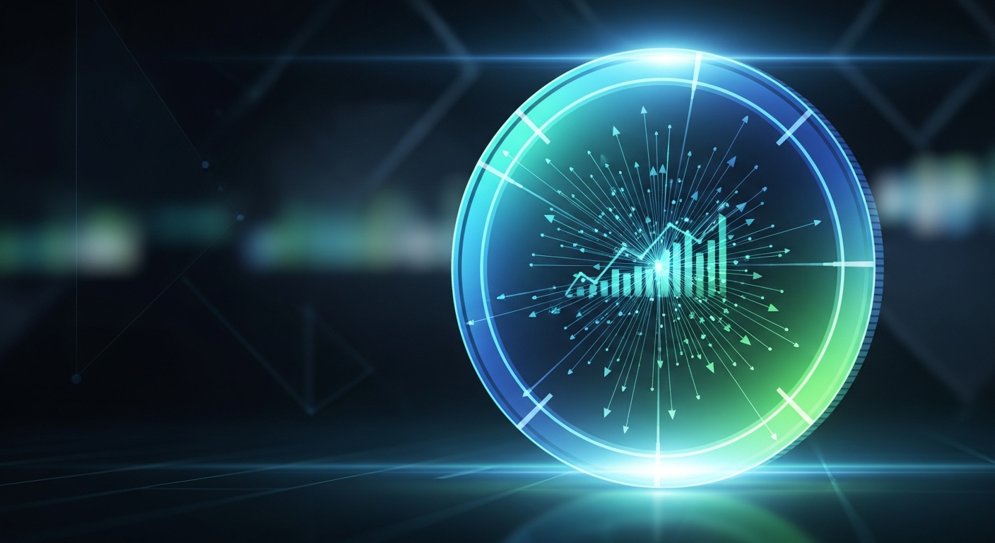 Arte digital moderna: moeda digital abstrata e brilhante, como criptomoeda, com linhas e setas dinâmicas.