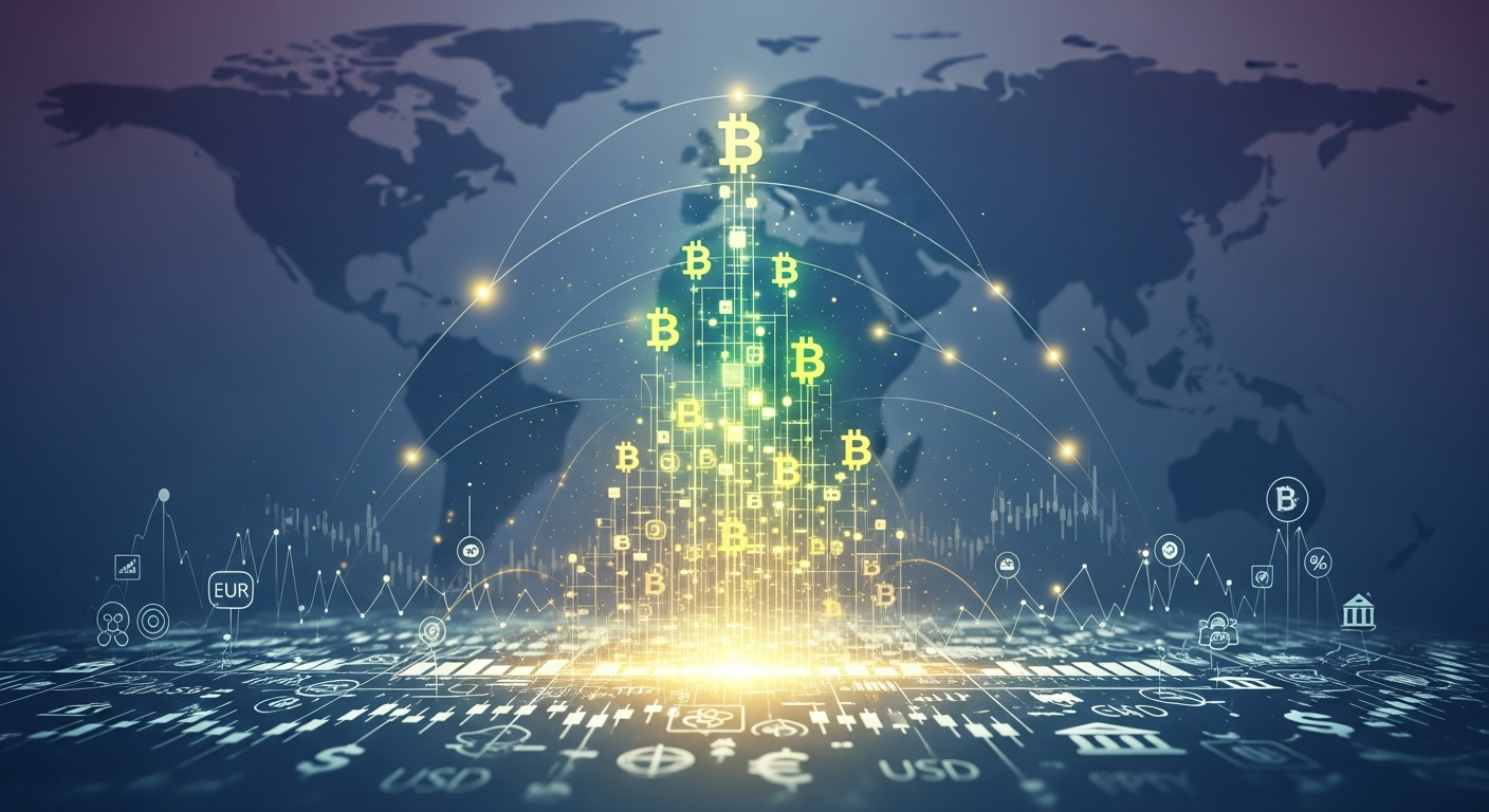 Ilustração abstrata moderna de crescimento sustentável do Bitcoin com estrutura digital ascendente e brilhante.