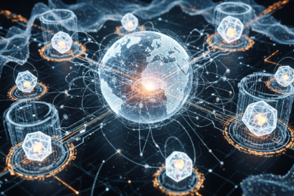 Rede abstrata de alta tecnologia com nós brilhantes, mostrando regulação financeira