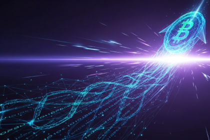 Forma geométrica abstrata e elegante, que lembra moeda digital, ascende, simbolizando valor futuro.