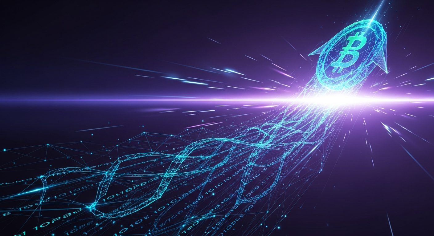 Forma geométrica abstrata e elegante, que lembra moeda digital, ascende, simbolizando valor futuro.