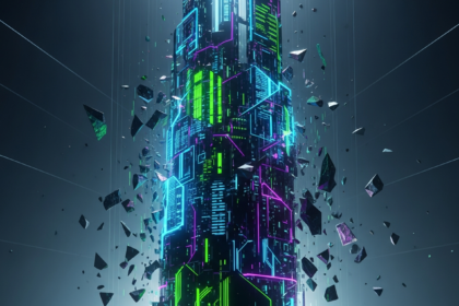 Estrutura digital abstrata, como blockchain ou torre de dados fraturada, colapsando dramaticamente.