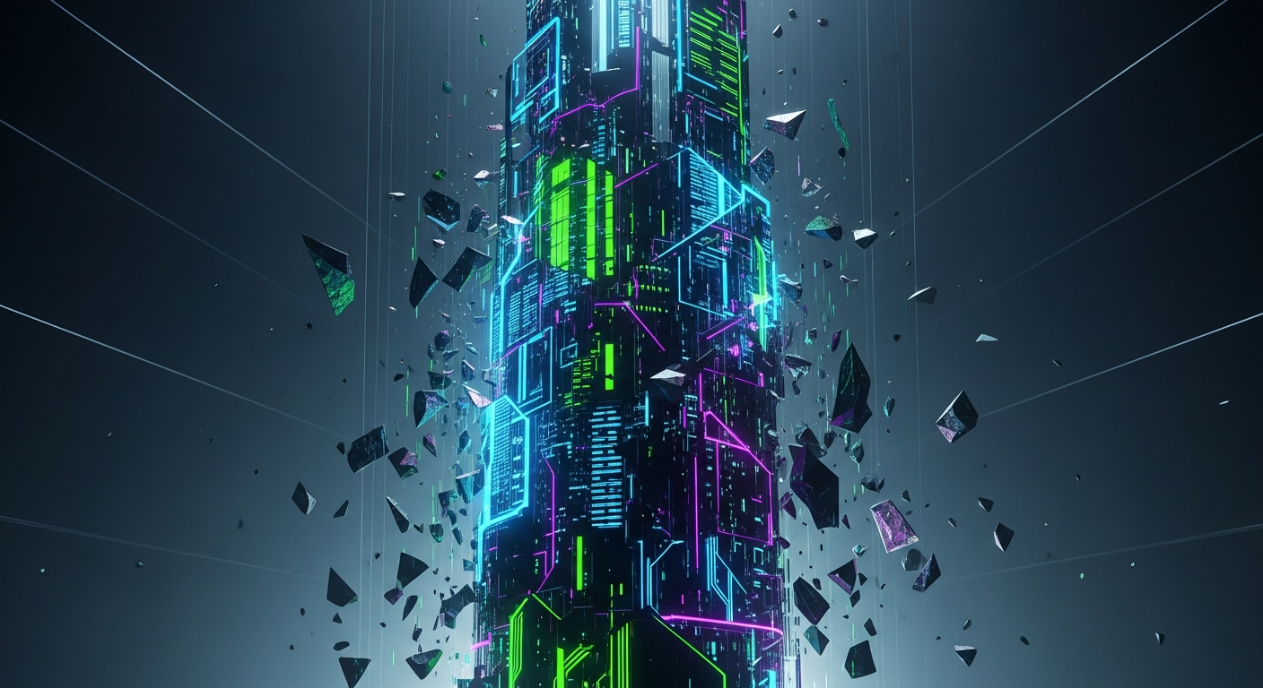 Estrutura digital abstrata, como blockchain ou torre de dados fraturada, colapsando dramaticamente.