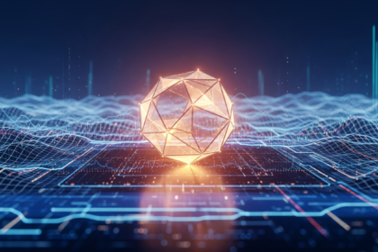 Paisagem digital abstrata com uma estrutura geométrica robusta e brilhante em seu centro.