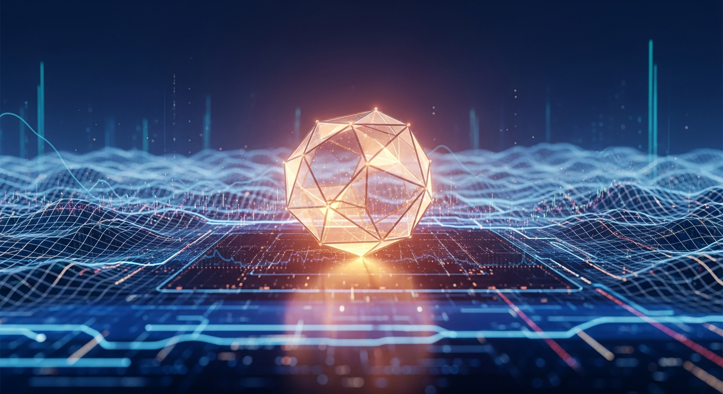 Paisagem digital abstrata com uma estrutura geométrica robusta e brilhante em seu centro.