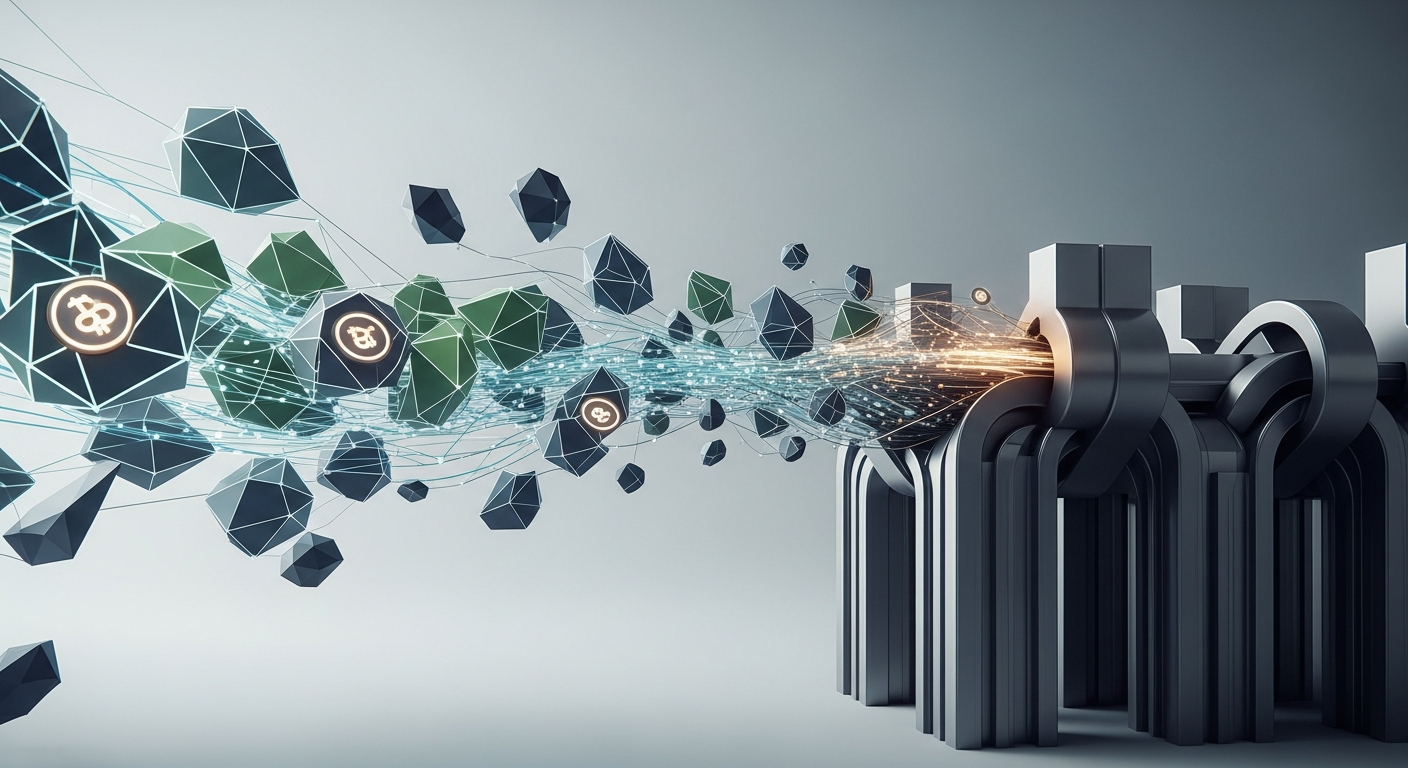 Arte digital abstrata e dinâmica sobre a integração de ativos digitais em finanças tradicionais.