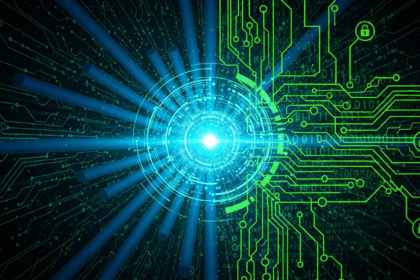 Arte digital abstrata: finanças, estabilidade corporativa e privacidade criptográfica convergindo em um núcleo luminoso.