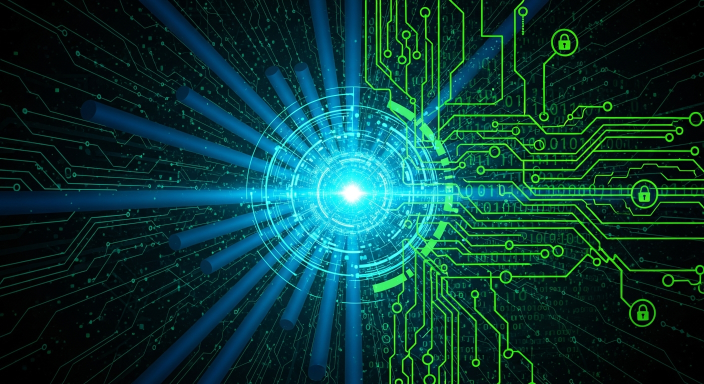 Arte digital abstrata: finanças, estabilidade corporativa e privacidade criptográfica convergindo em um núcleo luminoso.