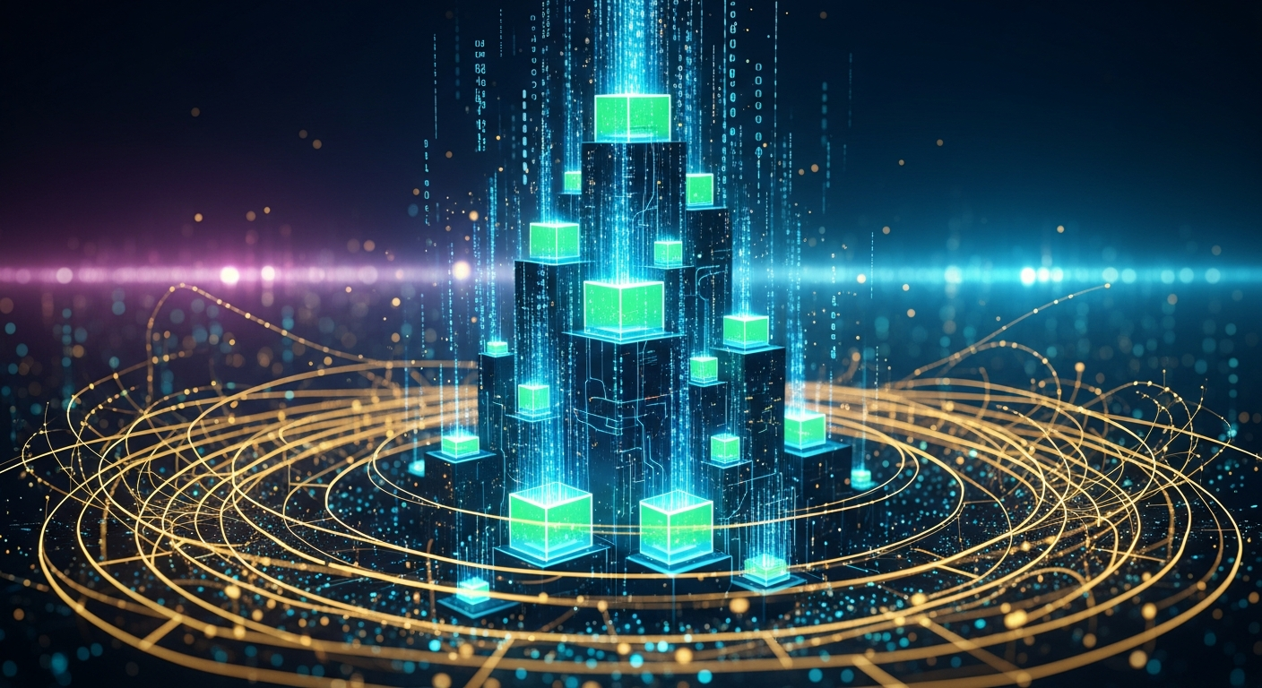 Arte digital moderna: ecossistema blockchain futurista com blocos geométricos luminosos e fluxos de dados ascendentes.