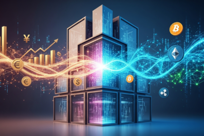 Ilustração: Edifício financeiro moderno e elegante, representando a convergência de finanças tradicionais e digitais.