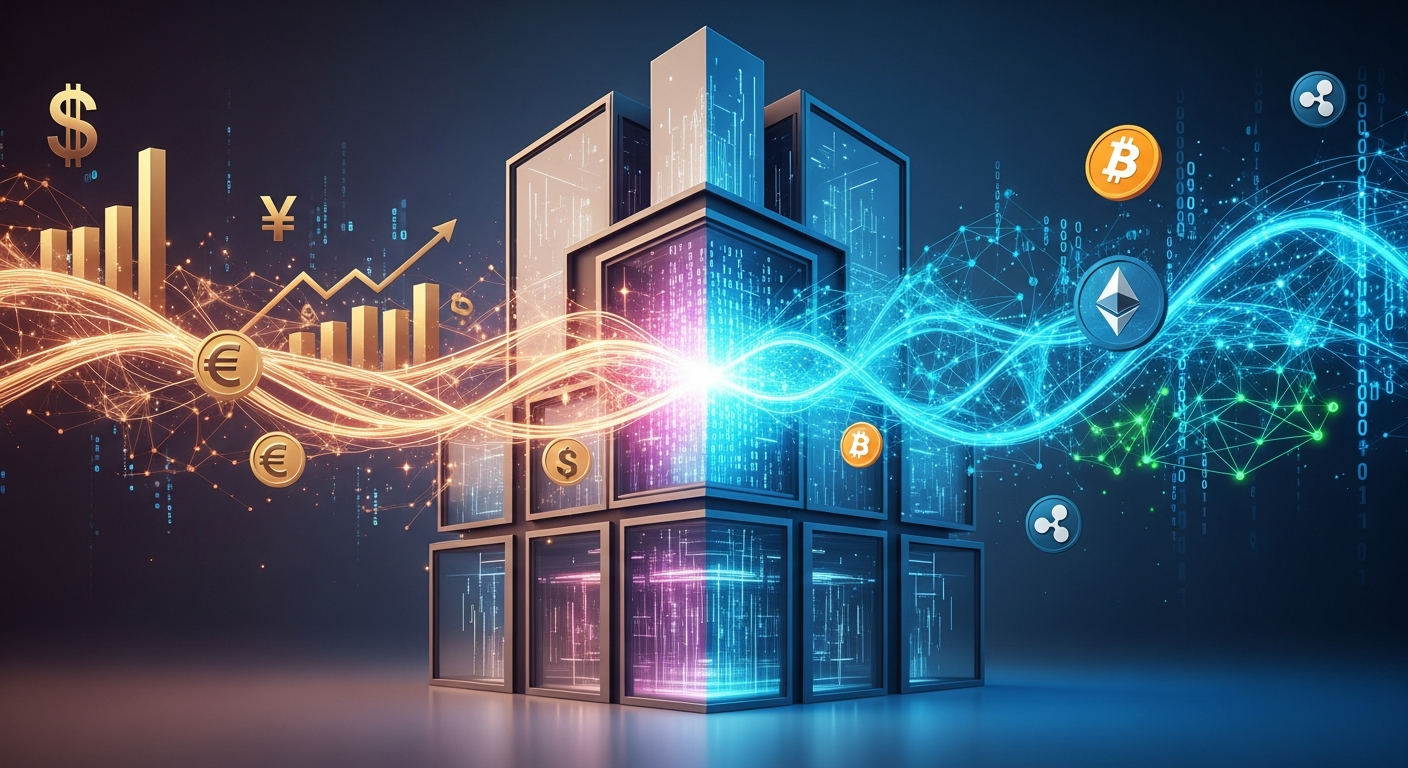 Ilustração: Edifício financeiro moderno e elegante, representando a convergência de finanças tradicionais e digitais.