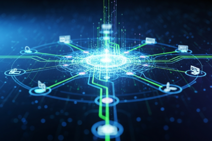 Abstract digital artwork showing a luminous, intricate network of interconnected energy and data streams.