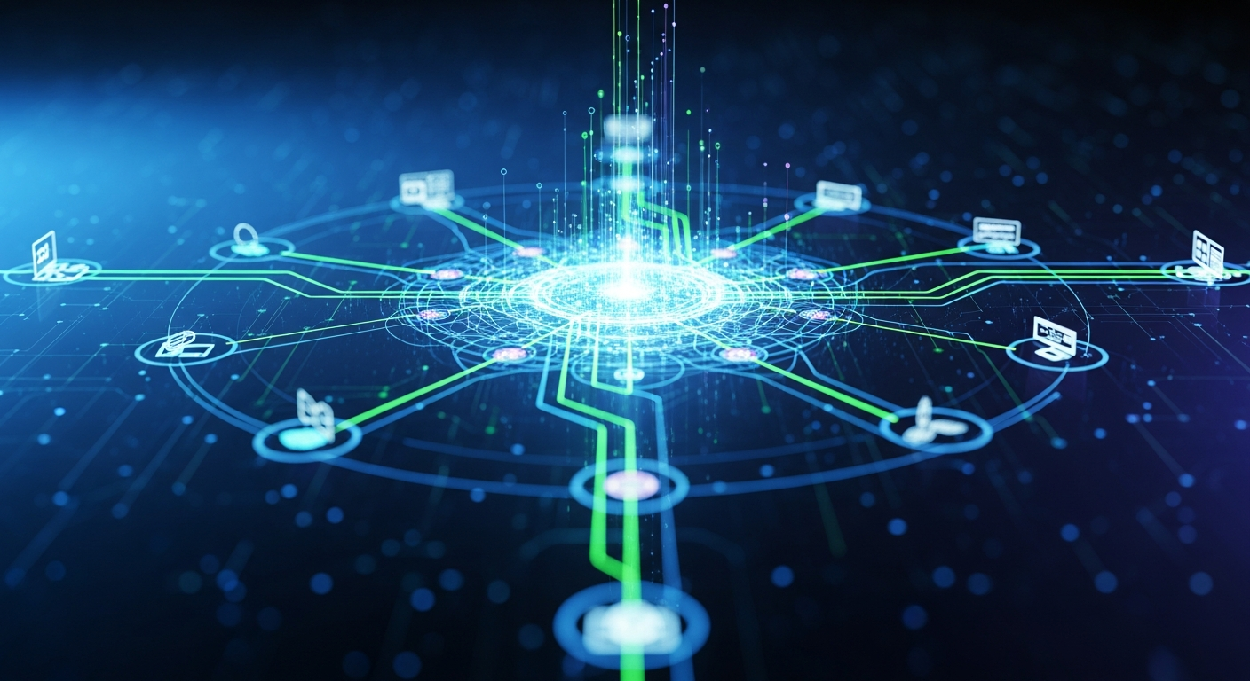 Abstract digital artwork showing a luminous, intricate network of interconnected energy and data streams.